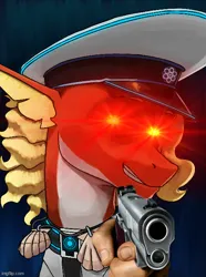 Size: 500x673 | Tagged: safe, artist:neither, derpibooru import, edit, oc, oc:posada, equestria at war mod, bad edit, clothes, eye beams, gun, hat, image, jpeg, meme, uniform, weapon