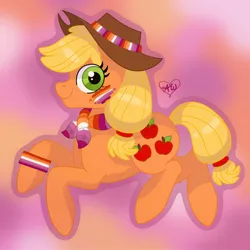 Size: 2048x2048 | Tagged: safe, artist:alidraws, derpibooru import, applejack, earth pony, pony, 2022, clothes, face paint, female, g4, gradient background, image, jpeg, lesbian, lesbian pride flag, outline, pride, pride flag, scarf, signature, smiling