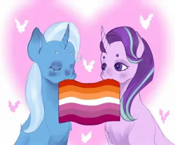 Size: 2048x1708 | Tagged: safe, artist:sleepybooo, derpibooru import, starlight glimmer, trixie, beanbrows, blushing, cute, duo, eyebrows, female, heart, image, jpeg, lesbian, lesbian pride flag, mouth hold, pride, pride flag, shipping, smiling, startrix