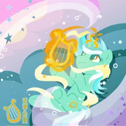 Size: 2048x2048 | Tagged: safe, alternate version, artist:brella, derpibooru import, lyra heartstrings, pony, unicorn, g4, horn, image, jpeg, lyre, magic, magic aura, musical instrument, smiling, solo, telekinesis