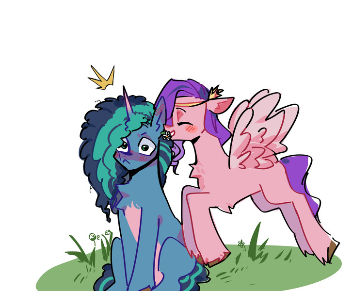 Size: 3321x2738 | Tagged: safe, artist:oznor, derpibooru import, pipp petals, pegasus, pony, unicorn, g5, blushing, duo, duo female, female, flower, flower in hair, horn, image, jpeg, lesbian, mare, misty brightdawn, ship:mistypetals, shipping, simple background, white background