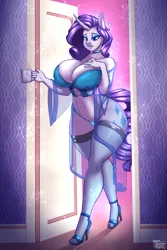 Size: 4000x6000 | Tagged: source needed, useless source url, suggestive, alternate version, artist:tatemil, derpibooru import, rarity, anthro, plantigrade anthro, big breasts, breasts, busty rarity, clothes, corset, female, g4, high heels, image, lingerie, nightgown, nudity, nylon, panties, png, shoes, socks, solo, solo female, stockings, thigh highs, thong, underwear