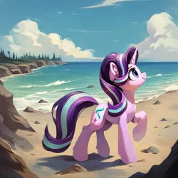 Size: 2048x2048 | Tagged: safe, ai content, derpibooru import, machine learning generated, prompter:liladash, stable diffusion, starlight glimmer, pony, unicorn, beach, cloud, day, ear fluff, full body, g4, generator:pony diffusion v6 xl, horn, image, looking away, png, solo, standing, water