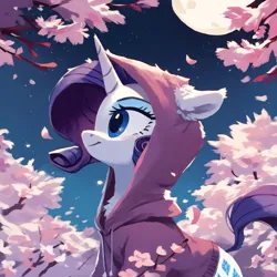Size: 2048x2048 | Tagged: safe, ai content, derpibooru import, machine learning generated, prompter:liladash, stable diffusion, rarity, pony, unicorn, cherry blossoms, clothes, ear fluff, flower, flower blossom, g4, generator:pony diffusion v6 xl, hoodie, horn, image, looking away, moon, night, png, solo