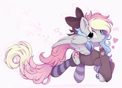 Size: 1024x738 | Tagged: safe, artist:lerkfruitbat, derpibooru import, oc, oc:blazey sketch, unofficial characters only, pegasus, pony, bow, clothes, female, hair bow, image, jpeg, long hair, long tail, mare, pegasus oc, simple background, socks, solo, striped socks, sweater, tail, white background, wings