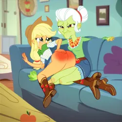 Size: 1024x1024 | Tagged: prompter needed, suggestive, ai content, machine learning generated, applejack, granny smith, human, equestria girls, applebutt, applejack is a spankaholic, ass, butt, crying, image, jpeg, over the knee, punishment, reddened butt, spank mark, spanked, spanking