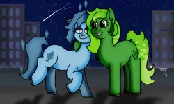 Size: 1440x864 | Tagged: safe, artist:thomas.senko, derpibooru import, oc, oc:hexbits, oc:holopon, earth pony, background, blue eyes, blue mane, building, city, green eyes, green mane, happy, hug, image, night, png, stars