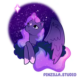 Size: 640x640 | Tagged: safe, artist:pinzillastudio, derpibooru import, oc, unofficial characters only, alicorn, pony, cloud, colored wings, ethereal mane, eyeshadow, female, fusion, fusion:princess luna, fusion:twilight sparkle, fusion:twiluna, g4, gauntlet, gradient mane, gradient wings, image, lying down, lying on a cloud, magic, magic aura, makeup, night, on a cloud, png, simple background, smiling, solo, sparkles, spread wings, stars, white background, wings