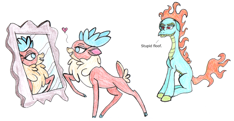 Size: 1900x980 | Tagged: safe, artist:fleximusprime, derpibooru import, velvet reindeer, deer, dragon, hybrid, longma, them's fightin' herds, atg 2024, community related, image, mirror, narcissism, newbie artist training grounds, png, tianhuo (tfh)