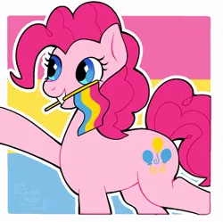 Size: 992x987 | Tagged: safe, artist:chalk_note, derpibooru import, pinkie pie, earth pony, pony, cute, diapinkes, female, grin, image, jpeg, mare, mouth hold, pansexual, pansexual pride flag, pride, pride flag, pride month, smiling, solo