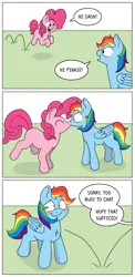 Size: 1600x3268 | Tagged: safe, artist:doodledonutart, derpibooru import, pinkie pie, rainbow dash, earth pony, pegasus, pony, atg 2024, blushing, cute, dashabetes, diapinkes, duo, duo female, female, g4, image, kissing, lesbian, mare, newbie artist training grounds, pinkiedash, png, pronking, shipping