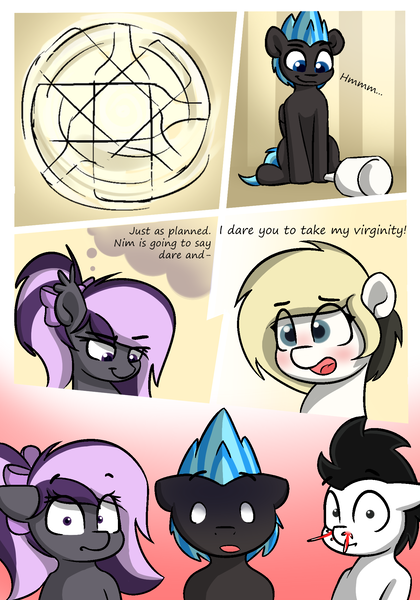 Size: 1400x2000 | Tagged: safe, artist:vipy, derpibooru import, part of a set, oc, oc:nightwalker, oc:nimbus, oc:vipy, oc:whiteout, bat pony, earth pony, pegasus, pony, comic:dare after dare, comic, image, part of a series, png, simple background, truth or dare