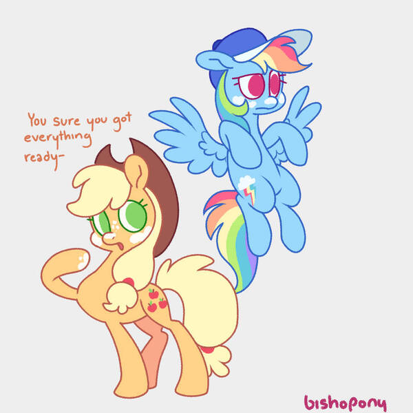 Size: 894x894 | Tagged: safe, artist:bishopony, derpibooru import, part of a set, applejack, rainbow dash, earth pony, pegasus, pony, applejack's hat, baseball cap, blonde mane, blonde tail, blue coat, cap, colored, colored eyelashes, cowboy hat, dialogue, duo, duo female, female, flat colors, flying, frown, g4, gray background, green eyelashes, green eyes, hat, image, implied twilight sparkle, jpeg, looking back, mare, multicolored hair, narrowed eyes, no catchlights, no pupils, offscreen character, open mouth, orange coat, orange text, pink eyes, ponytail, rainbow hair, rainbow tail, raised hoof, raised hooves, red eyelashes, signature, simple background, spread wings, standing, sunscreen, tail, talking, text, tied mane, tied tail, wings