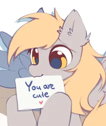 Size: 886x1048 | Tagged: safe, alternate version, artist:mirtash, derpibooru import, derpy hooves, pegasus, pony, :3, blonde mane, blonde tail, colored, colored sketch, cute, derpabetes, ear fluff, female, g4, holding paper, image, jpeg, mare, mouth hold, paper, positive message, positive ponies, raised hoof, raised hooves, shiny eyes, simple background, sketch, smiling, solo, tail, white background, wingding eyes, wip, yellow eyes