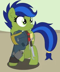 Size: 3777x4573 | Tagged: safe, artist:rainbowsurvivor, derpibooru import, oc, oc:scotch tape, unofficial characters only, earth pony, fallout equestria, fallout equestria: project horizons, belt, clothes, fanfic art, female, g4, image, jpeg, jumpsuit, pipbuck, screwdriver, solo, utility belt, vault suit, wrench