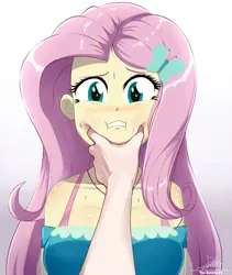 Size: 1804x2134 | Tagged: safe, artist:the-butch-x, derpibooru import, fluttershy, human, equestria girls, bare shoulders, blushing, breasts, busty fluttershy, butterfly hairpin, cheek squish, disembodied hand, female, g4, gradient background, hand, image, jpeg, looking at you, meme, offscreen character, personal space invasion, pov, solo focus, squishy cheeks, sweat