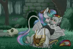 Size: 3000x2000 | Tagged: safe, artist:peppach, derpibooru import, princess celestia, oc, oc:myrilith, draconequus, canterlot, canterlot castle, clothes, draconequified, forest, image, loincloth, nature, png, skull, species swap, tree, tribal