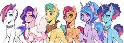 Size: 3175x1101 | Tagged: safe, artist:xiaowu07, derpibooru import, hitch trailblazer, izzy moonbow, pipp petals, sunny starscout, zipp storm, earth pony, pegasus, pony, unicorn, g5, applejack (g5), colored wings, female, fluttershy (g5), glasses, horn, image, jpeg, looking at you, male, mane five, mane six (g5), mare, misty brightdawn, older, pinkie pie (g5), ponytail, rainbow dash (g5), rarity (g5), simple background, smiling, smiling at you, stallion, twilight sparkle (g5), white background, wings