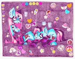 Size: 3271x2563 | Tagged: safe, artist:maniczombiedreamgirl, derpibooru import, oc, oc:nutmeg (viscerazombie), unofficial characters only, anthro, earth pony, pony, alternate design, arm warmers, blue coat, chest fluff, clothes, duo, duo female, ear fluff, ear piercing, earring, eyeshadow, female, image, jewelry, leg warmers, lidded eyes, lip piercing, lip ring, lipstick, makeup, piercing, pink hair, png, self paradox, self ponidox, skirt, socks, striped socks, tanktop, watermark