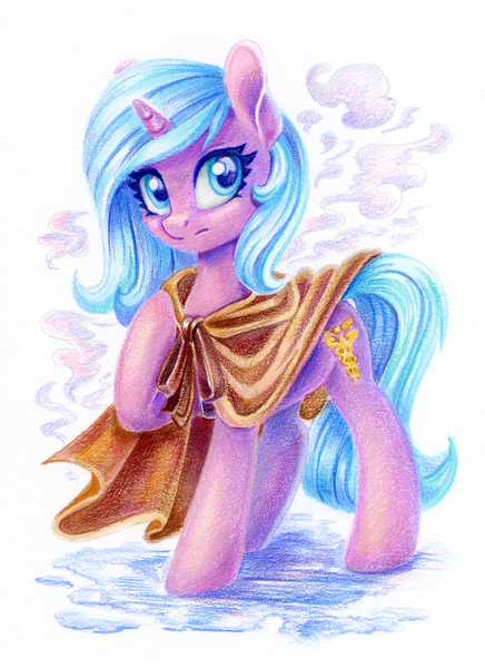 Size: 872x1200 | Tagged: safe, artist:maytee, derpibooru import, idw, radiant hope, pony, unicorn, spoiler:comic, cloak, clothes, colored pencil drawing, g4, horn, image, png, solo, traditional art