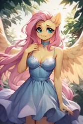 Size: 768x1152 | Tagged: safe, ai content, derpibooru import, machine learning generated, prompter:saberclaw1x, fluttershy, anthro, pegasus, pony, breasts, busty fluttershy, choker, cleavage, clothes, dress, female, image, mare, png, smiling, solo, spread wings, wings