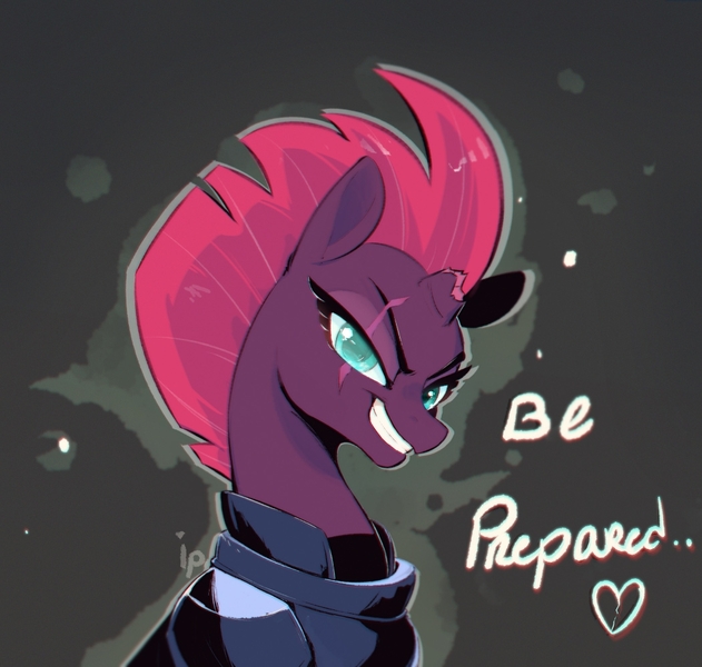 Size: 1051x1000 | Tagged: safe, artist:inkypuso, derpibooru import, tempest shadow, pony, unicorn, be prepared, broken horn, female, furrowed brow, g4, gray background, grin, horn, image, jpeg, looking at you, mare, simple background, smiling, smiling at you, solo