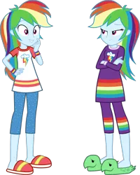 Size: 3195x4000 | Tagged: safe, artist:octosquish7260, derpibooru import, rainbow dash, human, equestria girls, clothes, double rainbow, duo, equestria girls-ified, female, g4, humanized, image, looking at each other, looking at someone, nightgown, pajamas, pants, png, self paradox, shirt, slippers, t-shirt, teenager, wristband