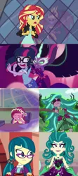 Size: 1920x4320 | Tagged: safe, derpibooru import, edit, edited screencap, screencap, gaea everfree, gloriosa daisy, sci-twi, sunset shimmer, twilight sparkle, equestria girls, duality, g4, image, juniper monstar, midnight sparkle, png, self paradox, sunset satan