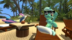 Size: 1080x608 | Tagged: safe, artist:ports2005, derpibooru import, bon bon, clear sky, lyra heartstrings, sweetie drops, pony, 3d, beach, beach chair, chair, duo, female, g4, gmod, happy, image, jpeg, lesbian, looking at you, lyrabon, palm tree, relaxing, shipping, sleeping, summer, sunglasses, sunshine, tree