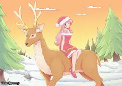 Size: 1600x1131 | Tagged: safe, artist:rosalhymn, derpibooru import, fluttershy, deer, human, blushing, christmas, cute, female, forest, hat, holiday, humanized, image, jpeg, looking at you, nature, riding, santa dress, santa hat, shyabetes, sitting, smiling, smiling at you, snow, solo, sunset, tree