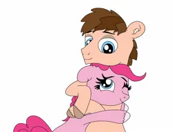 Size: 1516x1165 | Tagged: safe, artist:thebronypony123, derpibooru import, pinkie pie, oc, oc:braden, earth pony, canon x oc, cuddling, female, image, jpeg, male, simple background, white background