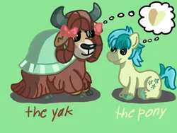 Size: 1600x1200 | Tagged: safe, artist:mintwhistle, derpibooru import, sandbar, yona, earth pony, pony, yak, atg 2024, bow, cloven hooves, colored hooves, duo, duo male and female, female, g4, green background, hair bow, heart, image, looking at each other, looking at someone, love, male, medibang paint, monkey swings, newbie artist training grounds, png, shipping, simple background, smiling, smiling at each other, straight, teenager, thought bubble, unshorn fetlocks, yonabar