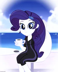 Size: 1506x1876 | Tagged: safe, artist:stephen-fisher, derpibooru import, rarity, human, equestria girls, beach, chair, clothes, coffee mug, female, g4, image, looking at you, mug, png, sitting, solo, swimsuit, table