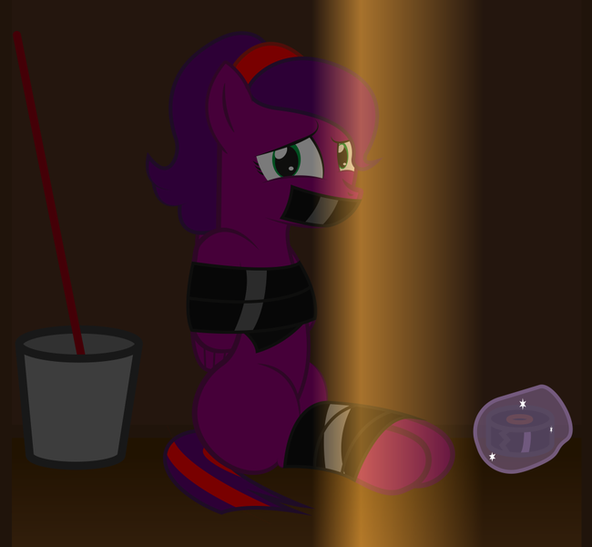 Size: 994x918 | Tagged: questionable, artist:cardshark777, derpibooru import, oc, oc:crystal (sch01), pegasus, bondage, bucket, closet, gag, image, kidnapped, looking at you, magic, please help me tag this, png, scared, tape, tape bondage, tape gag