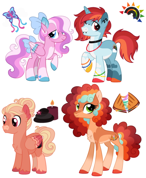 Size: 2488x3013 | Tagged: safe, artist:strawberry-spritz, derpibooru import, oc, unofficial characters only, earth pony, pegasus, pony, unicorn, female, horn, image, magical gay spawn, male, mare, offspring, parent:cheese sandwich, parent:princess celestia, parent:short fuse, parent:skywishes, parent:star catcher, parent:zephyr breeze, parents:cheeselestia, parents:vinyldash, png, simple background, stallion, transparent background