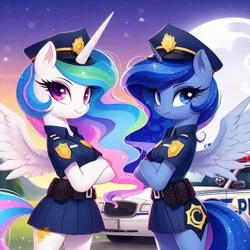 Size: 1024x1024 | Tagged: safe, ai content, derpibooru import, machine learning generated, prompter:bigfanbud123, princess celestia, princess luna, bipedal, car, clothes, cop car, image, law enforcement, png, police car, police officer, uniform