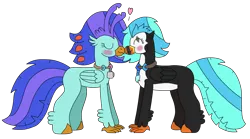 Size: 3116x1737 | Tagged: safe, artist:supahdonarudo, derpibooru import, oc, oc:icebeak, oc:sea lilly, unofficial characters only, classical hippogriff, hippogriff, atg 2024, blushing, camera, eyes closed, heart, image, jewelry, necklace, newbie artist training grounds, nuzzling, png, shipping fuel, simple background, transparent background