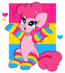 Size: 1813x2048 | Tagged: safe, artist:kittyrosie, derpibooru import, pinkie pie, earth pony, pony, clothes, cute, diapinkes, female, heart, image, jpeg, mare, mouthpiece, open mouth, pansexual, pansexual pride flag, politics, pride, pride flag, pride month, pride socks, sitting, socks, solo, striped socks