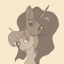 Size: 2160x2160 | Tagged: safe, artist:tenebrisnoctus, derpibooru import, princess luna, twilight sparkle, alicorn, pony, atg 2024, beige background, bust, duo, duo female, female, g4, high res, image, lesbian, mare, monochrome, newbie artist training grounds, png, ship:twiluna, shipping, simple background