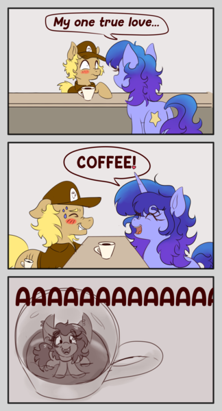 Size: 1080x1999 | Tagged: safe, artist:nedemai, derpibooru import, oc, unofficial characters only, bat pony, earth pony, pony, unicorn, atg 2024, bat pony oc, bat wings, coffee, coffee mug, comic, cup, cup of pony, dialogue, female, horn, image, mare, micro, mug, newbie artist training grounds, not izzy moonbow, png, speech bubble, trio, wings