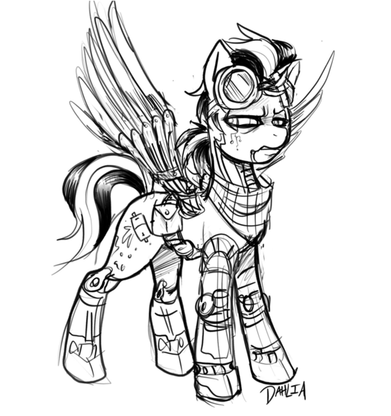 Size: 931x990 | Tagged: safe, artist:dahlia, derpibooru import, oc, oc:battery acid, unofficial characters only, cyborg, cyborg pony, pegasus, pony, alternate universe, amputee, artificial wings, augmented, bandana, belt, black and white, concept art, cybernetic legs, digital art, engineer, future, goggles, grayscale, grimace, harness, image, looking back, metal wing, monochrome, plaid, png, prosthetic eye, prosthetic leg, prosthetic limb, prosthetic wing, prosthetics, simple background, solo, spread wings, swept-back mane, tack, tail, two toned mane, two toned tail, utility belt, white background, wingboner, wings