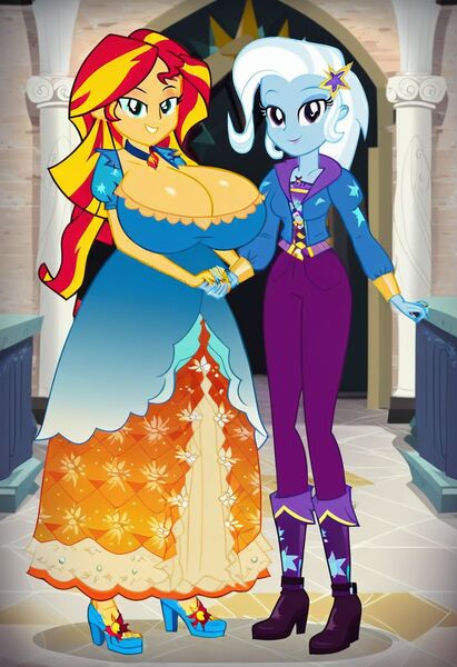 Size: 832x1216 | Tagged: questionable, ai content, machine learning generated, prompter:tiamatnightmare, sunset shimmer, trixie, human, equestria girls, breasts, busty sunset shimmer, busty trixie, castle, dressup, female, humanized, image, jewelry, jpeg, lesbian, ring, shipping, suntrix, wedding ring