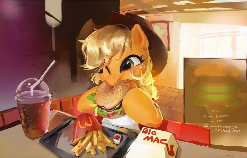 Size: 3987x2561 | Tagged: safe, artist:vondsketch, derpibooru import, applejack, earth pony, pony, applejack eating her brother, applejack's hat, big mac (burger), burger, cowboy hat, drink, drinking straw, female, food, hamburger, hat, high res, image, jpeg, mare, mcdonald's, meat, name pun, ponies eating meat, restaurant, solo