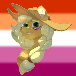 Size: 2500x2500 | Tagged: safe, artist:luanbang, derpibooru import, applejack, pony, clothes, commission, cowboy hat, cute, eyelashes, female, gradient background, hat, image, lesbian, lesbian pride flag, looking at you, mare, outline, png, pride, pride flag, sexy face, smiling, smiling at you, solo, solo female, ych example, ych result, your character here
