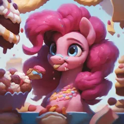 Size: 2800x2800 | Tagged: safe, ai content, derpibooru import, machine learning generated, prompter:derp621, stable diffusion, pinkie pie, cake, candy, food, g4, generator:pony diffusion v6 xl, image, jpeg, sweets