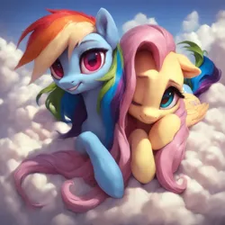 Size: 2880x2880 | Tagged: safe, ai content, derpibooru import, machine learning generated, prompter:derp621, stable diffusion, fluttershy, rainbow dash, cloud, g4, generator:pony diffusion v6 xl, image, jpeg, long hair, looking at you, on a cloud, sitting, sitting on cloud, sky