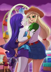 Size: 1240x1754 | Tagged: suggestive, artist:brother-tico, derpibooru import, applejack, rarity, sci-twi, sunset shimmer, twilight sparkle, human, equestria girls, 2d, bedroom eyes, belt, blushing, butt grab, butt touch, carnival, clothes, denim, denim skirt, evening, female, female focus, ferris wheel, fingernails, freckles, g4, gold, grope, image, jpeg, leather, leather vest, legs, lesbian, nail polish, nails, outdoors, pencil skirt, pleated skirt, pockets, ponytail, rarijack, rarity peplum dress, shipping, shirt, shocked, shocked expression, skirt, sleeveless, smiling, solo focus, surprised, t-shirt, vest, wide eyes, wrist cuffs