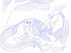 Size: 1920x1440 | Tagged: safe, artist:novaintellus, derpibooru import, discord, fluttershy, draconequus, pegasus, pony, cup, duo, duo female, duo male and female, female, image, jpeg, male, monochrome, sketch, teacup