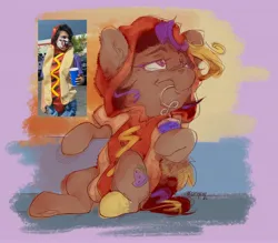 Size: 4096x3590 | Tagged: safe, artist:midnightpremiere, derpibooru import, oc, oc:hors, unofficial characters only, human, pegasus, pony, art vs artist, clothes, costume, drink, drinking, hoof hold, hot dog costume, image, jpeg, ponysona, sitting, solo