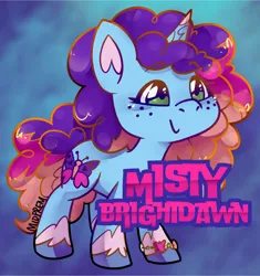 Size: 2644x2816 | Tagged: safe, artist:midnightpremiere, derpibooru import, pony, unicorn, g5, abstract background, female, horn, image, jpeg, mare, misty brightdawn, name, rebirth misty, smiling, solo